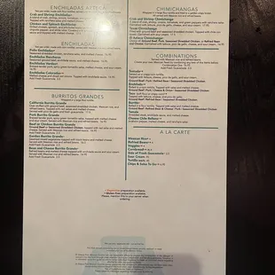 El Azteca dinner menu page 2