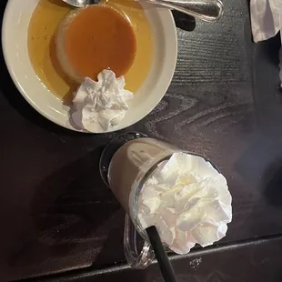 Carmel Flan in honey sauce and Azteca Coffee