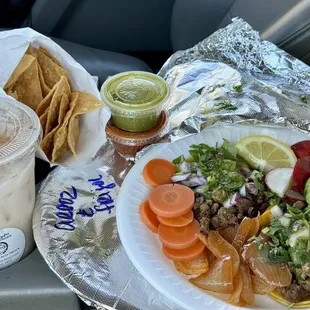 Carne Asda Taco + side of beans &amp; rice + chips &amp; salsa