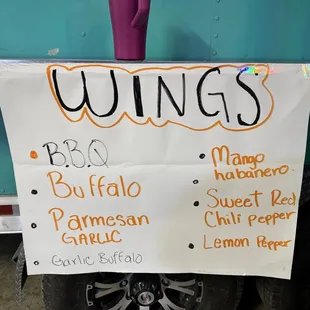 Menu of buffalo wing flavors