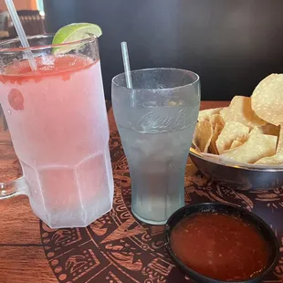 Strawberry Margarita, and chips and salsa.