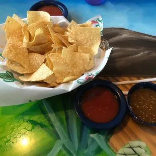 Chips and Salsa. Mild left, hot right.