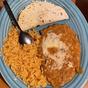 Soft taco, rice and beans