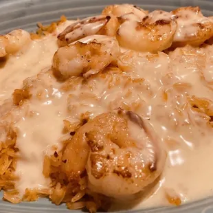 Grilled Shrimp with Mexican rice and cheese sauce