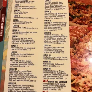 a menu for lunch