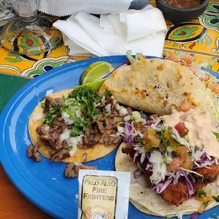 Tacos: carna asada, fried fish, shredded beef Michelada Palo Alto Fighter Fighter Pepper Sauce (not sold here)