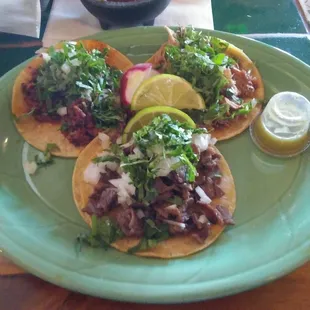 1 chorizo taco 1 asada taco 1 carnitas taco