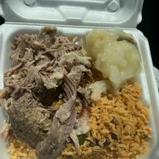 a meal in a styrofoam container
