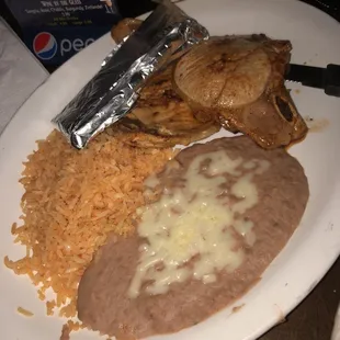 Pork chops, rice &amp; refried beans