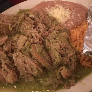 Pork Chili Verde with rice &amp; beans and tortillas. Huge portion!