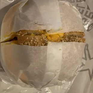 Egg and sausage breakfast sandwich, yum!