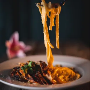a plate of pasta being held by a fork