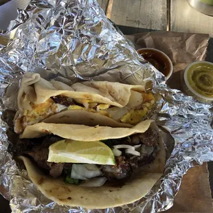 Potato and egg and barbacoa taco with salsa