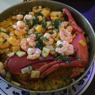 Paella Marinera seafood, lobster mixed with rice …. so, damn, good