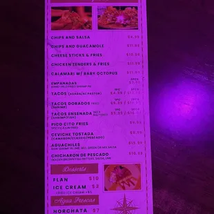 Bar food menu