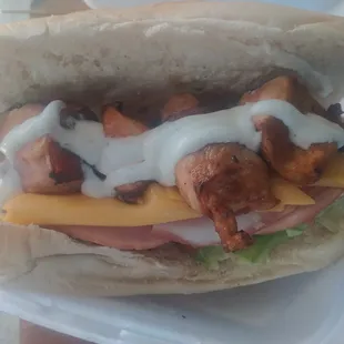 Chicken Condor Blue
Chicken , ham, lettuce, pico de Gallo . Cream Italian dressing or BBQ sauce 
$7.99