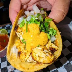 a hand holding a taco