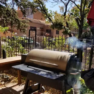 Burgers are cooked on this smoker.