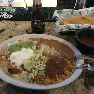 Fried shrimp chimichanga with beans and rice