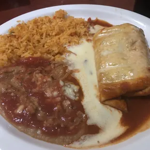 Chimichanga with refried beans &amp; Spanish rice