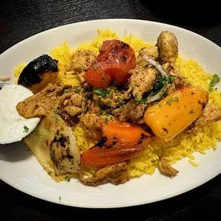 Chicken shawarma over rice.