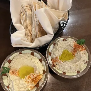 Hummus. Baba Ghanouj. Pita.