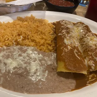 Enchiladas with rice and beans