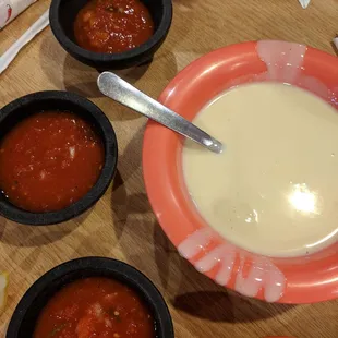 Queso and individual salsa bowls... looks like I started into the cheese before I took the picture, patience is a virtue