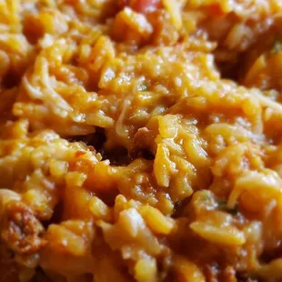 Beans and rice mixed together with the salsa