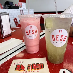 Strawberry Horchata and cucumber lime chia agua