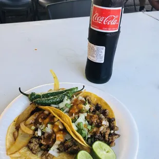 Beef tacos. (2) and the Spanish coke was ice cold.  If you try any taco shop you must try this one.