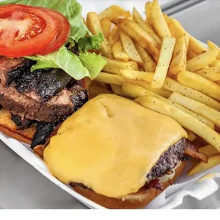 Brisket cheeseburger and fries