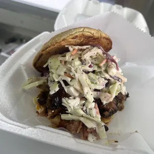 Brisket and apple slaw sandwich.