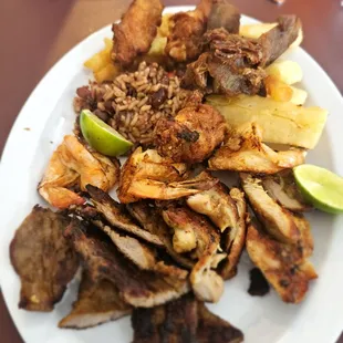 Botanas Plate (Plato De botanas) - Casamiento (Salvadoran Beans and Rice), fried wings, beef, chicken thighs, plantains, french fries, and s