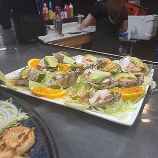 Oysters, shrimp, and steak fajitas