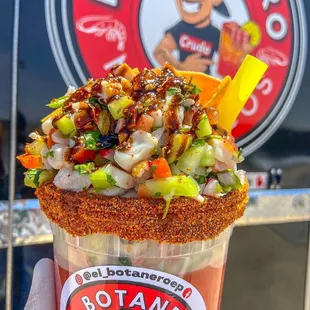 El Botanazo (32oz Clamato Preparado with our delicious ceviche and homemade chips to top it off)