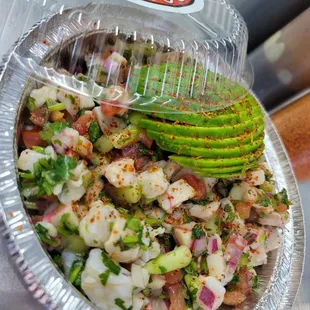 24oz ceviche tray! Our most popular item! A mix of fish and shrimp with veggies!