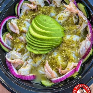 Aguachiles Verdes (jumbo shrimp cooked in lime juice then covered in a salsa verde)