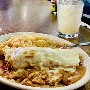 Chicken Fajita Burrito with rice and beans and Long Island