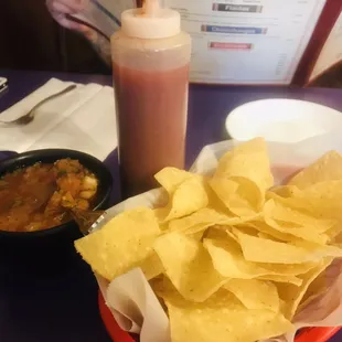 Chips, Salsa &amp; Hotter Salsa in bottle