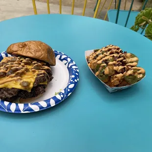 El Biter burger with loaded tots