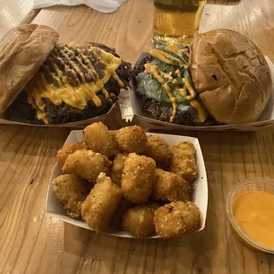 El Biter + bacon, La Hot Mess, tater tots.