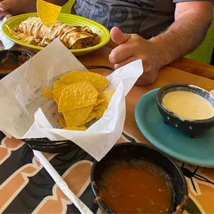 a man sitting at a table with plates of food