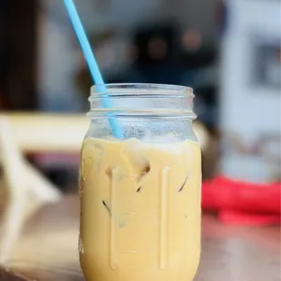 Excellent coffee at El Buen Comer - I got a light sweet iced oat milk caramel latte