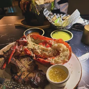 Surf &amp; Turf. Comes with side of rice and veggies. Not shown in photo