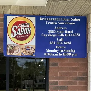 Banner with location, hours, and phone number..