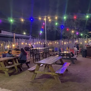 a group of people sitting at picnic tables