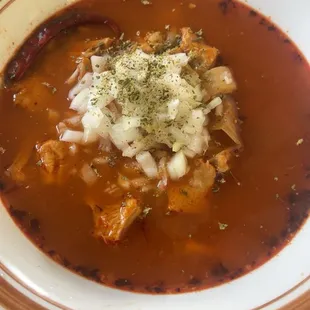 Menudo, take out. Added onion, chile de árbol and dried oregano