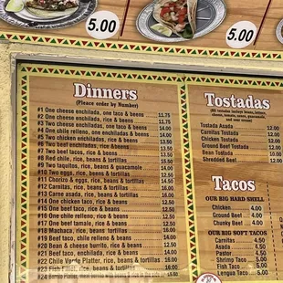the menu and prices