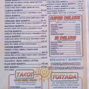 the menu for el burrito jr